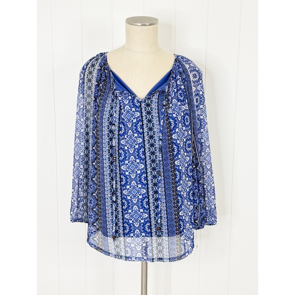 BCX Blue Geometric Medallion Blouse NWT Womens Large‎ Peasant Top Boho